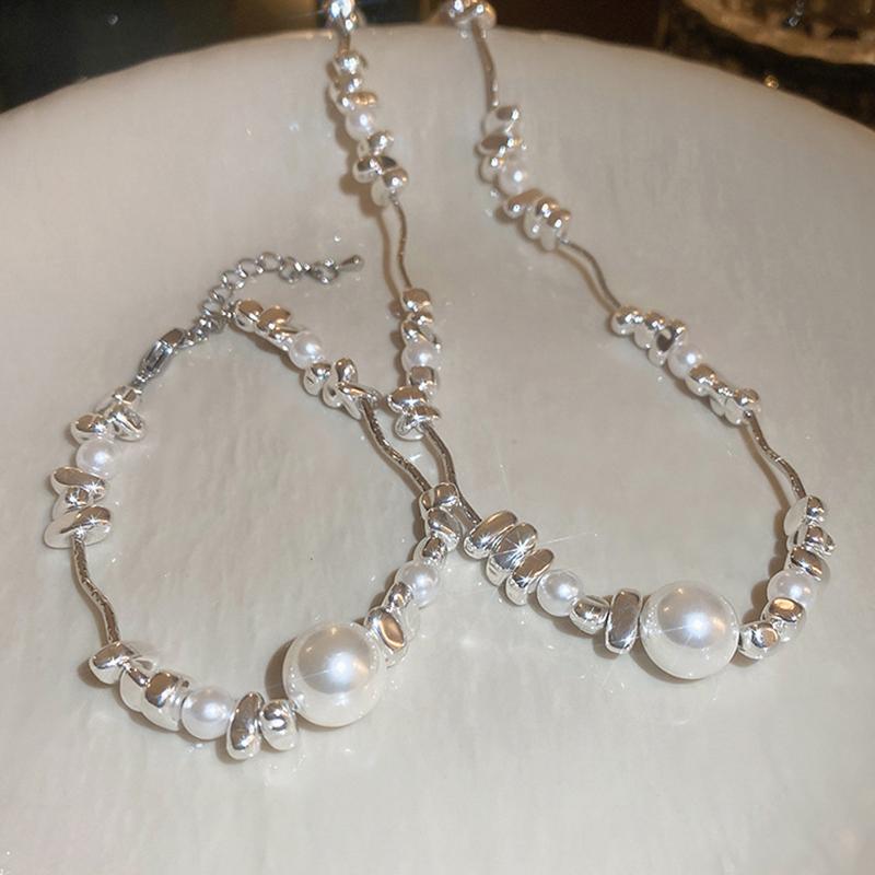 Irregular Broken Silver Pearl Necklace Bracelet For Women Girls Temperamental Geometric Jewelry Gift