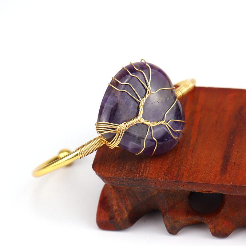 Handmade Gold Winding Natural Crystal Rough Stone Amethyst Heart-Shaped Tree Of Life Bracelet Bracelet Bracelet B24