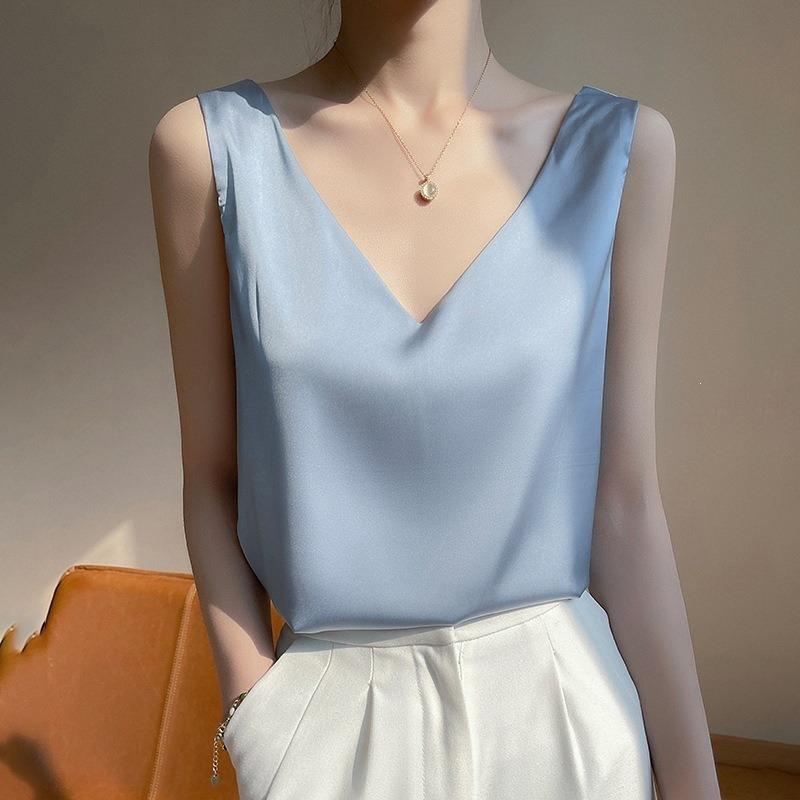 Women S Loose Fit V Neck Wide Strap Camisole French Style Ice Silk Top