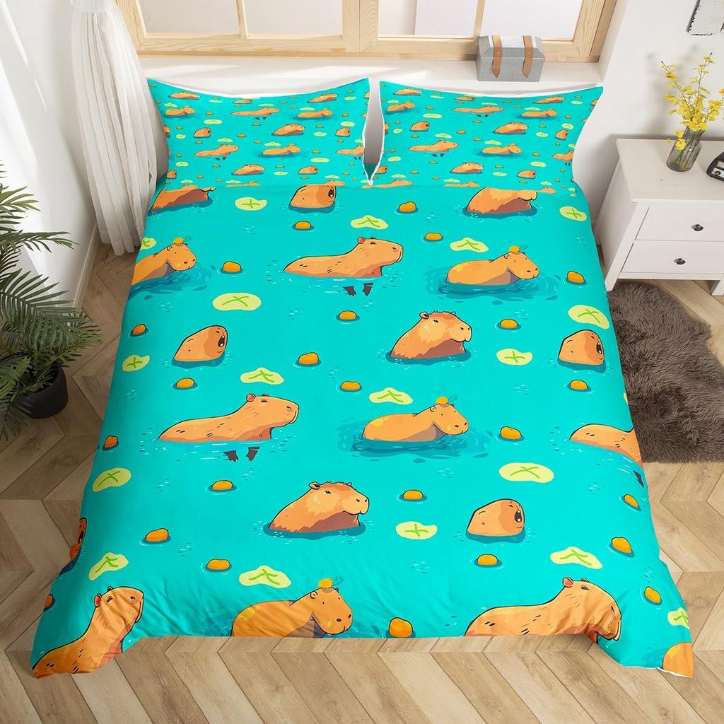 Cartoon Capybara Duvet Cover Twin Queen Toddler Botanical Leaves Funny Animal Bedding Set Graffiti Sketch Lines Comforter Cover