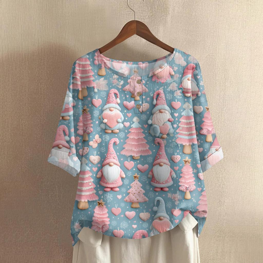 Women's Fashionable And Casual Shirt Half-sleeve Round Neck Print Cotton And Linen Blouse Top