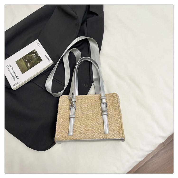 Fashion Women's Bag 2025 Summer New Foreign Style Shoulder Bag Simple Messenger Bag Straw Splicing Casual Small Square Bag Tide