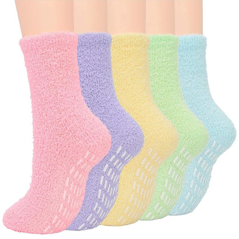 Non-shedding Coral Fleece Socks - Women's Solid Color Anti-slip Adhesive Socks for Winter and Autumn Warmth - Towel Half Fleece Floor Socks