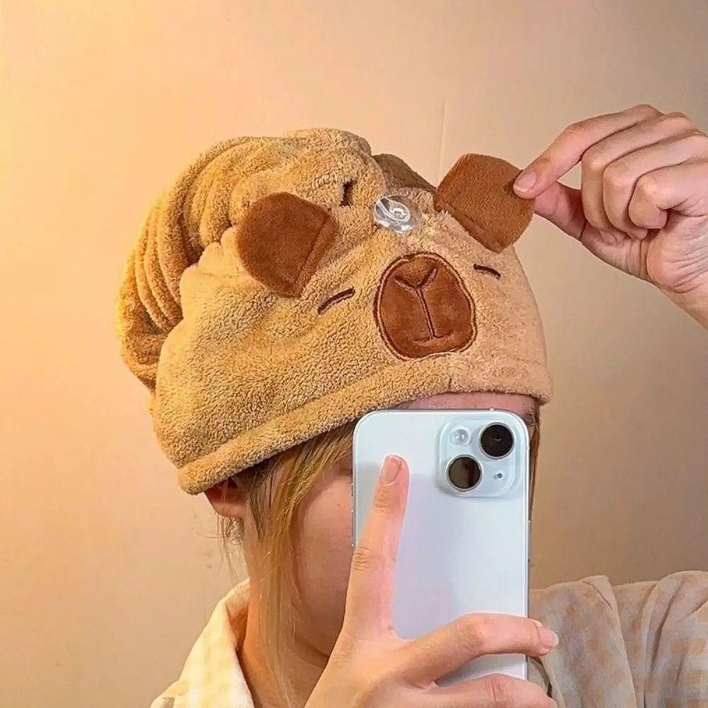 Cartoon Capybara Dry Hair Cap Quick Drying Coral Velvet Bathing Cap Cute Capybara Towel Unisex