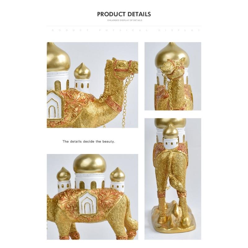 Camels Figurine with Mosque Tower Resin Camels Statue Ornament for Ramadans Eid Mubarak Home Decors Collectibles Gift
