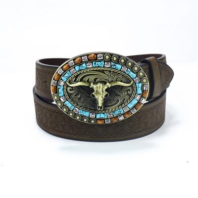 Western Denim Belt Cow Head Retro Green Men'S Punk Pu Leather Belt