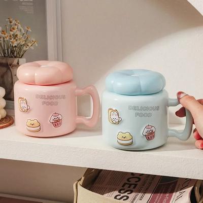 Cartoon Ceramic Mug Large Capacity Breakfast Coffee Cup with Lid Office Teacup Couple Cups Home Office Dormitory Water Mugs Gift