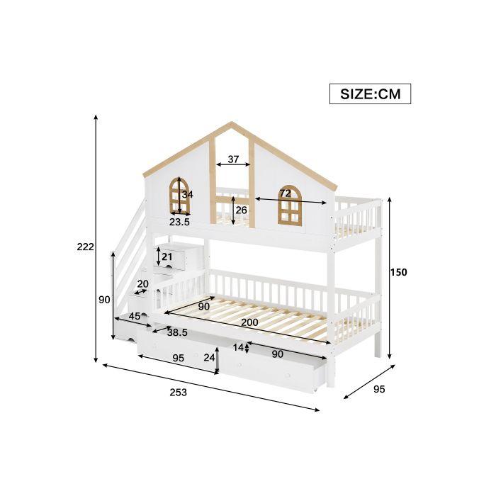 Pat supraetajat - MUVOE - 90x200 cm - Alb și tonuri naturale - 2 sertare - Siguranță EN747