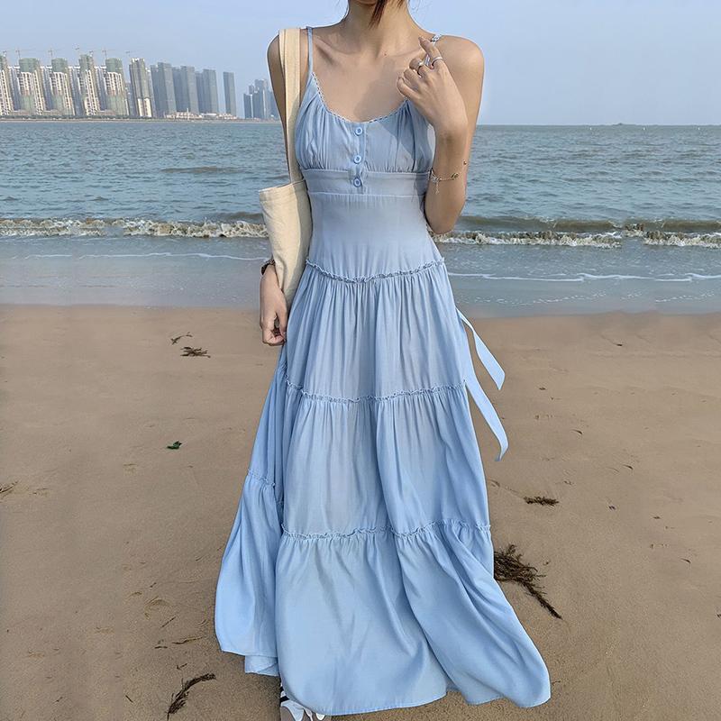 Pastoral Style Pink Long Dress for Women 2025 Summer Beach Spaghetti Strap Dresses Woman Vacation Sleeveless A Line Sundress