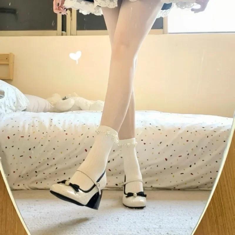 Fashion 2025Women's Bow Design Round Toe Low Heel Shoes Cute Girly Style Autum Pu Leather Mid-Heel Lolita Shoes