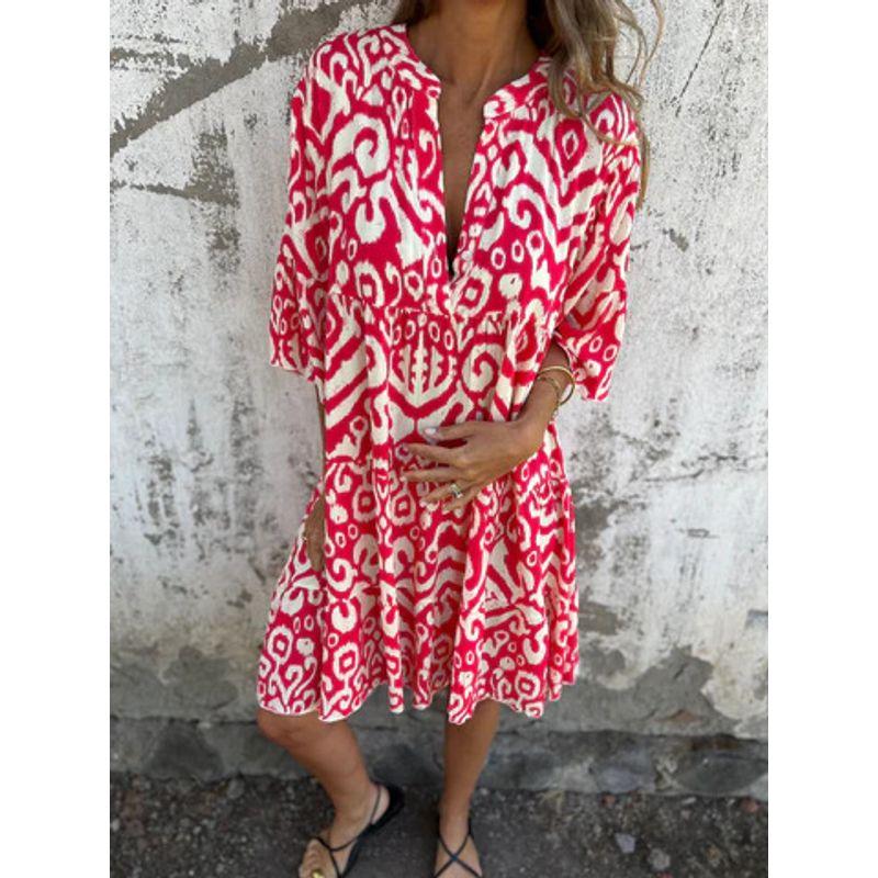 

European and American Fashion New Casual V-neck Print Pleat Women s Dress V-Neck Printed Dress Rose Red XXL