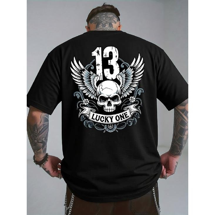 Luck One 13 Ανδρικό Κοντομάνικο T-Shirt με Γραφικό Σχέδιο στην Πλάτη - Ζωντανό Κίτρινο με Έντονο 13, Σχέδιο με Φτερά και Κρανίο, Διαπνέον, Στρογγυλή Λαιμόκοψη, Casual, Καλοκαιρινό