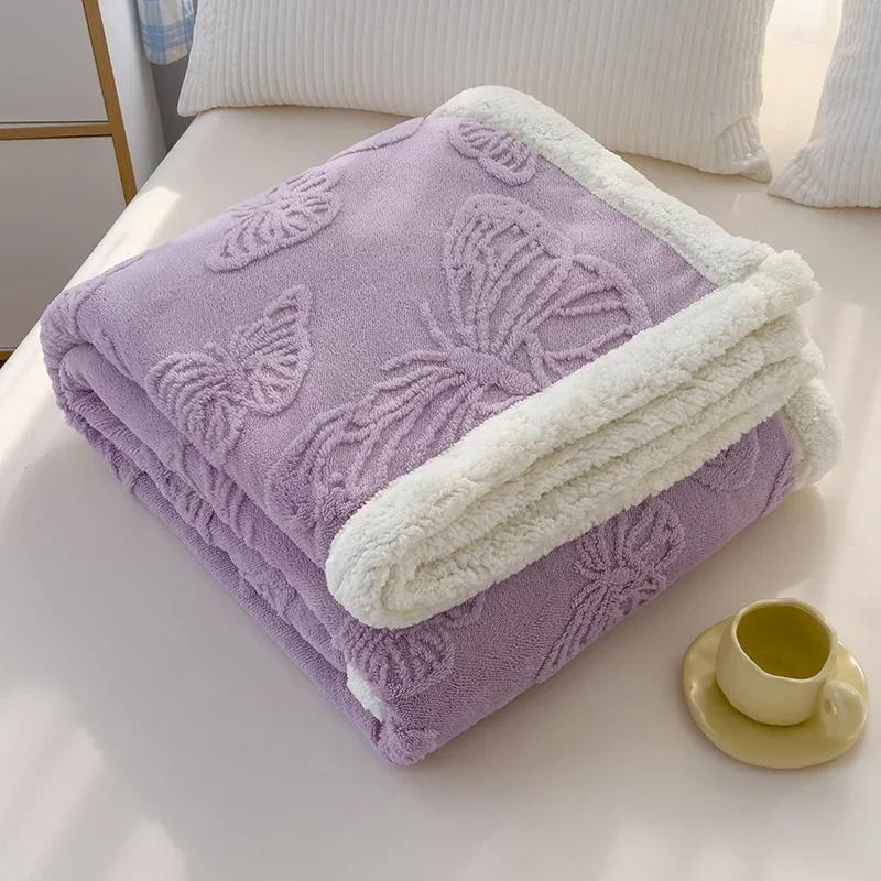 JSoft Warm Coral Fleece Blanket Pink Butterfly Jacquard Winter Thermal Sofa Throw Thick Bed Blanket Nap Knee Small Quilts