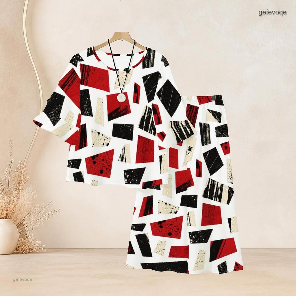 Women Plus Size Multicolor Printed Round Neck Flared Half Sleeve Top Long Pants Two Piece Set