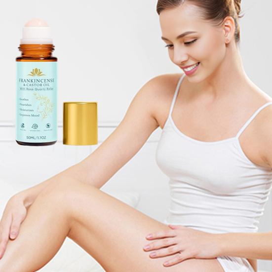 Bio-Rizinusöl Roll-On mit Rosenquarz-Rolle, Bio-Rizinusöl Kaltgepresst, Rizinusöl Rosenquarz-Rolle, für Gesicht und Körper, Haare,