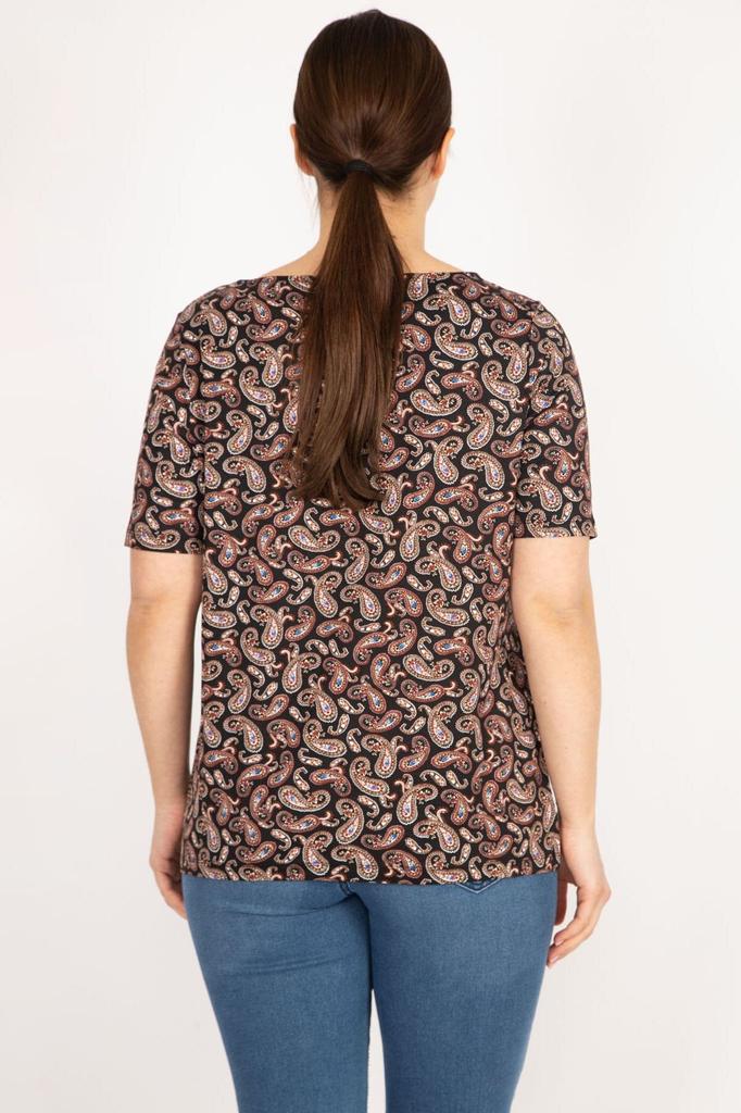 Women's Big Size Blouse Colorful Plus Size Paisley Patterned Collar Detailed Blouse