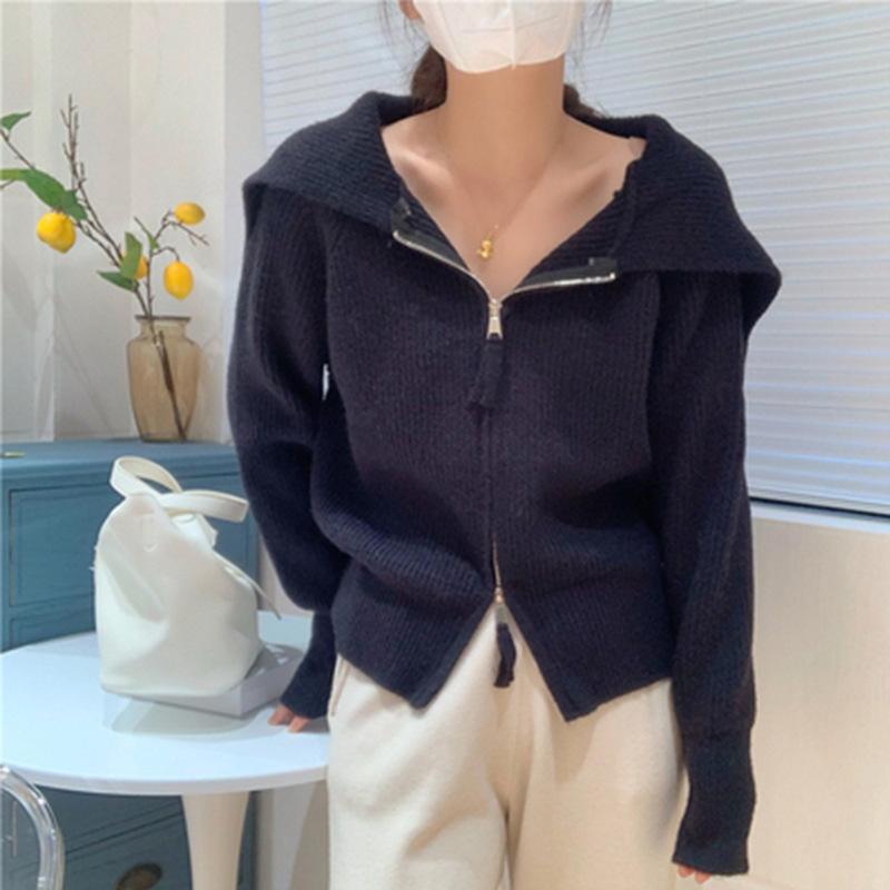 Autumn New Double Zipper Sweater Jacket Women's Short Loose Navy Collar Knitted Cardigan Top Women's