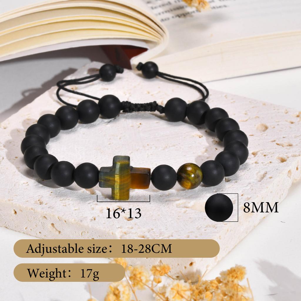 Kreuzarmbänder für Männer Jungen, 8MM Schwarze Natürliche Steine Perlen Religiöses Gebetsarmband Länge Verstellbar,pulseira masculina