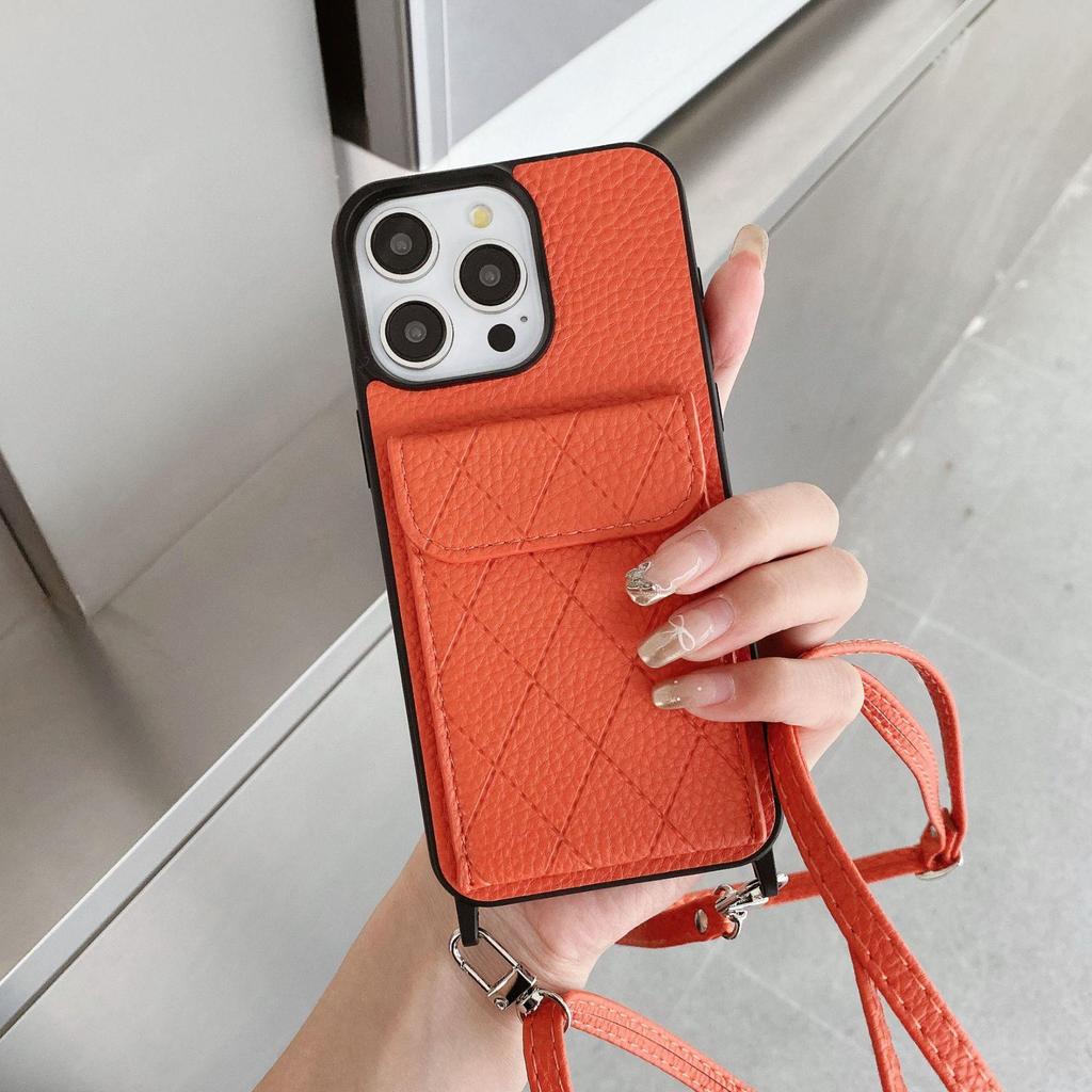 Lychee Pattern Crossbody Card Holder Case for iPhone 14 Pro Max, 15, and 16 Pro