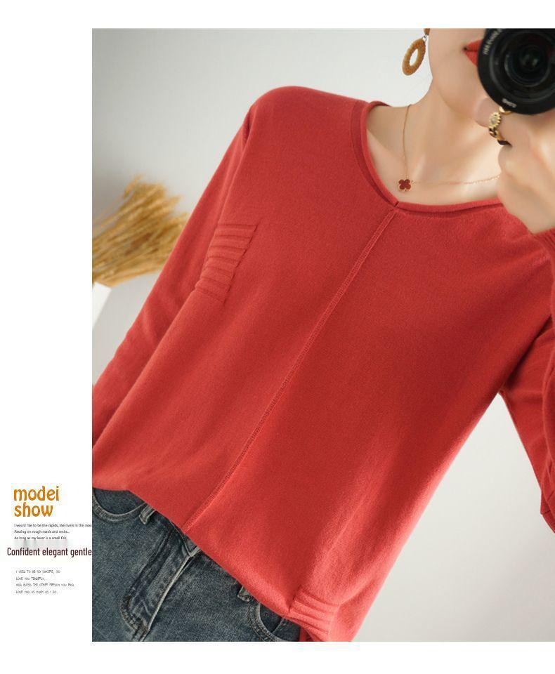 Baumwollpullover im koreanischen Stil mit gerolltem Saum und Rundhalsausschnitt für Damen, langärmlig und locker geschnitten