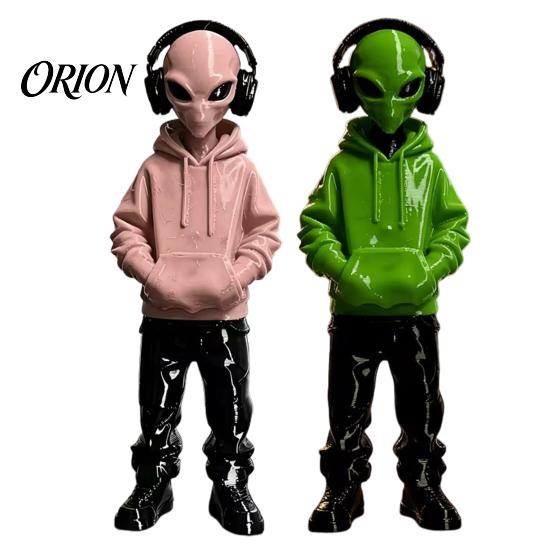 Home Office Desk Accent 3D Printed Alien Figurine with Hoodie And Headphone, Trendy Desktop Decor Ornament, Cyber Style Statue for Gaming Room