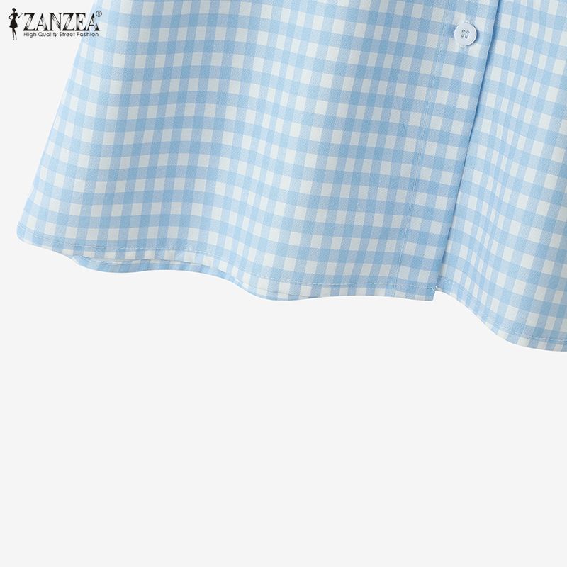 ZANZEA Women Casual Turn Down Collar Loose Short Sleeve Grid Print Blouse