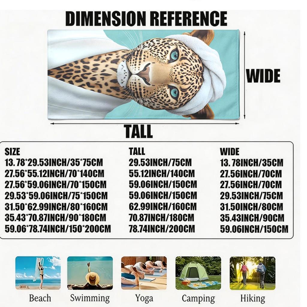 Fun Anthropomorphic Style Cheetah Polyester Microfiber Beach Towel Is Highly Absorbent, Suitable for Swimming and Beach Outings