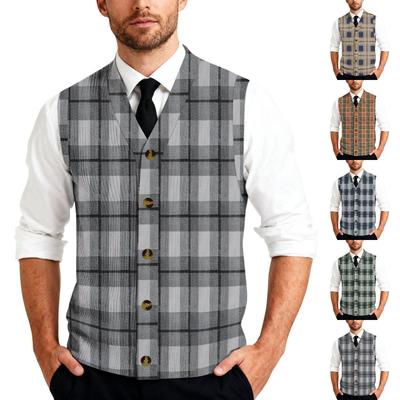 Men's Striped Plaid Print Tank Top Knitted Button,Down Shirt | Sleeveless Casual Button,Up Vest With Collar For Daily & Layering