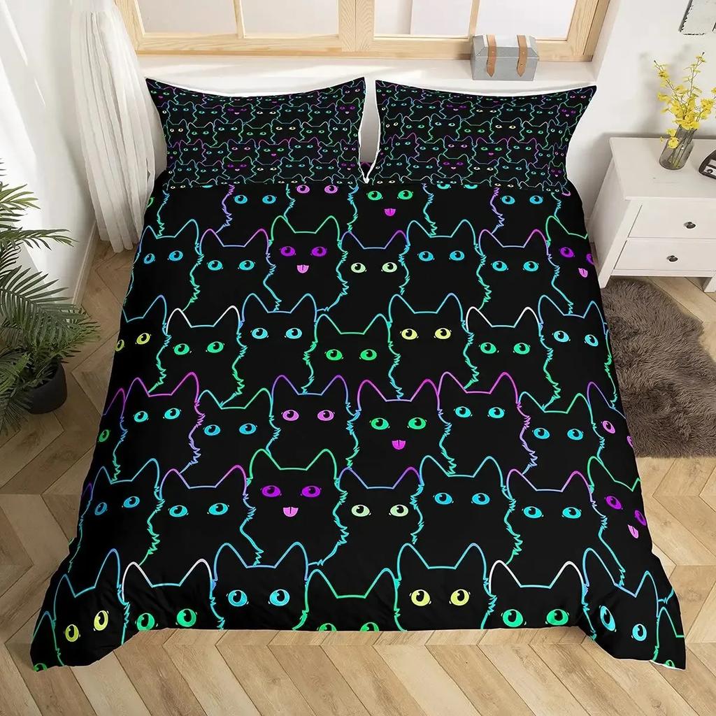 Juego de Funda Nórdica de Gato Colorido Tamaño Queen, Juegos de Ropa de Cama de Gato con Arte Abstracto, Juego de Funda de Edredón de Gato Lindo para Niñas Niños Funda de Colcha