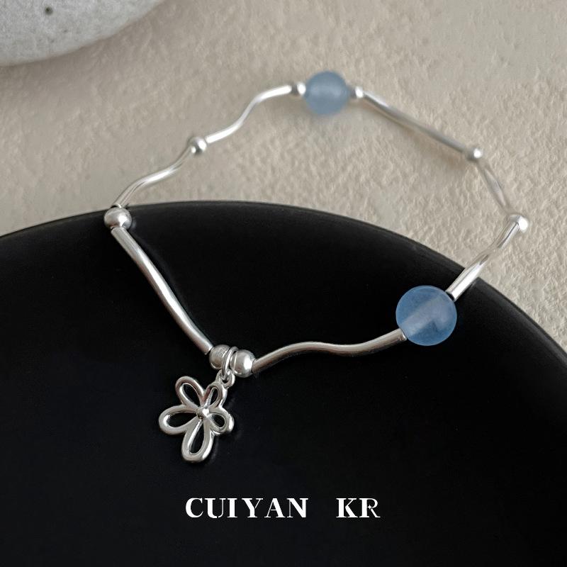 

Cuiyan S925 Silver Korean Blue Beaded Flower Bracelet, Women s Niche Ins Style Elastic Cord Jewelry S925 Silver