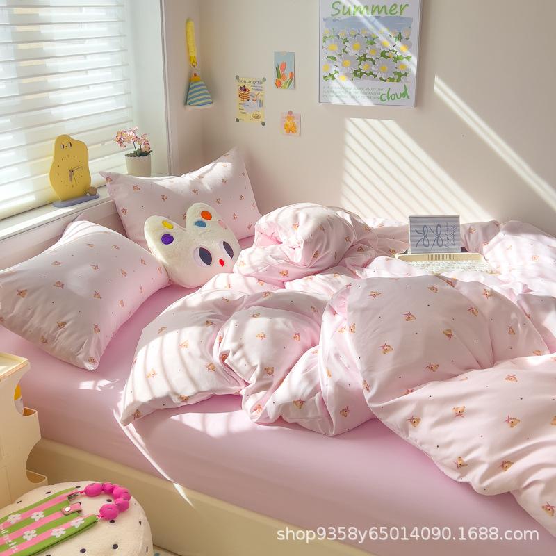 Class A Maternal and Infant Grade Knitted Cotton Double-layer Yarn 4pcs Set, Super Soft Washed Cotton Quilt Cover, Student Dormitory 3pcs Set