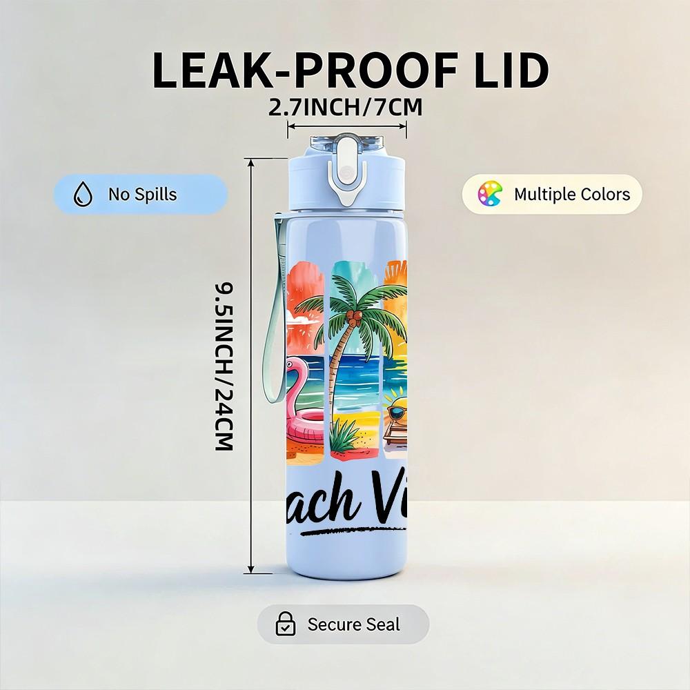 1PC Beach Vibes Tropical Retro Vacation Badge 750ml Color Plastic Sports Water Bottle Leakproof Flip Straw Lid Suitable for Sports Office Home Use