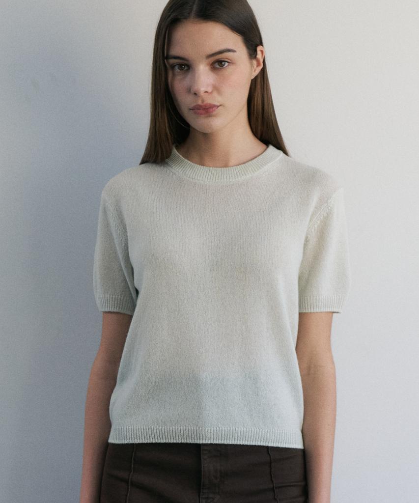 JE NE SAIS QUOI Sheer Cashmere Blended Crew Neck Short Sleeve Knit_Mint