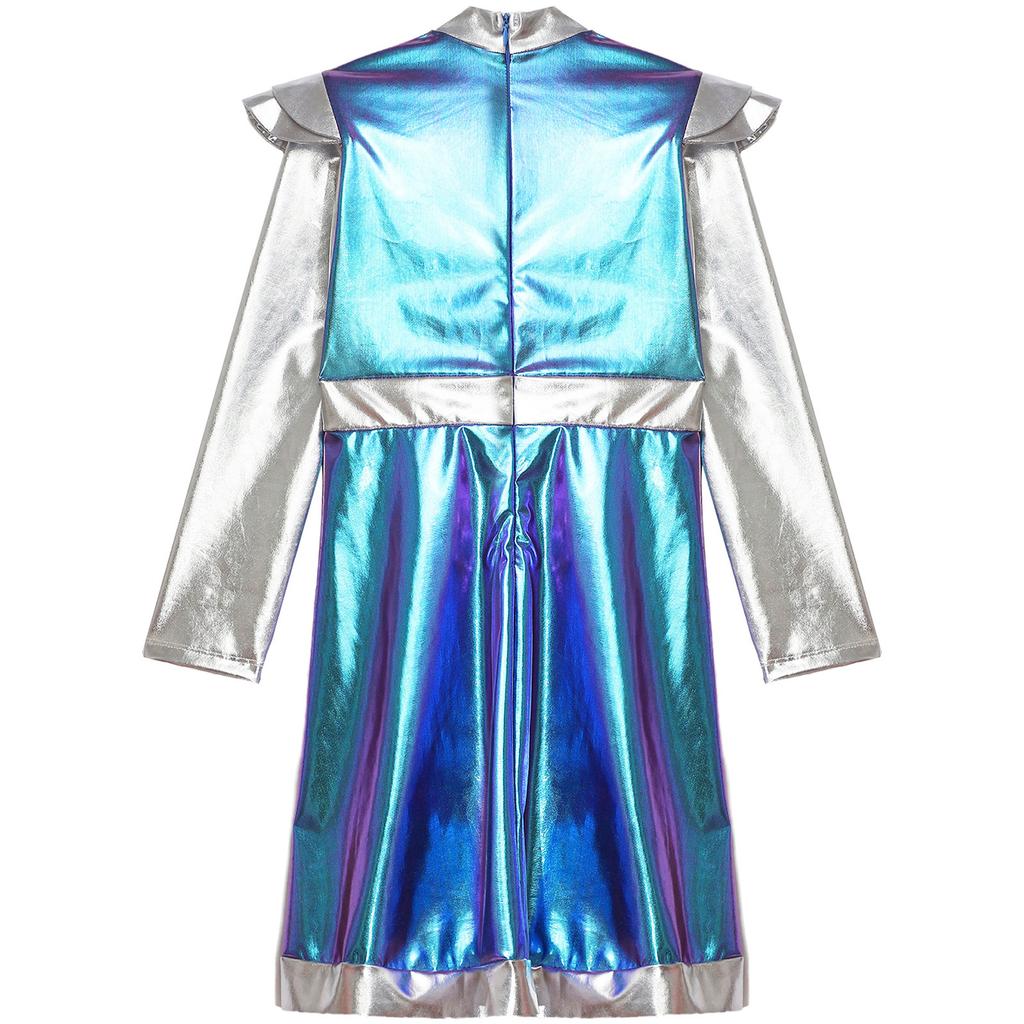Girls Outer Space Cutie Costume: Shimmering PU Patchwork Alien Dress for Halloween & Sci-Fi Role Play Parties
