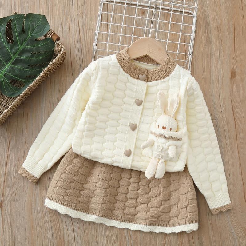 Girls Knit Set Dress With Large Lapel Sweater Cardigan Two Piece Outfit For Kids