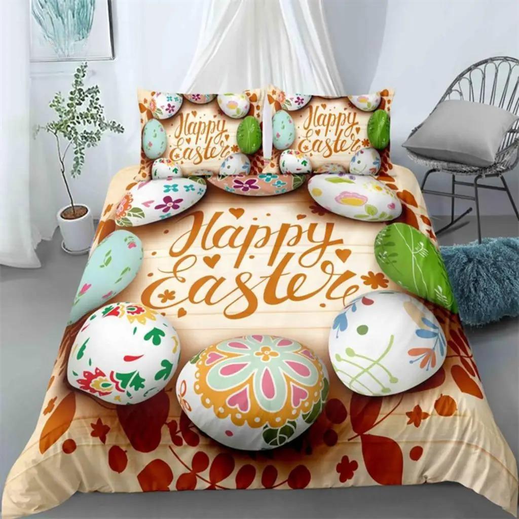 Soft Easter Eggs Print Duvet Cover Happy Easter Cartoon Rabbit Toddler Bedding Sets Twin King Queen Size Microfiber Quilt Cover
