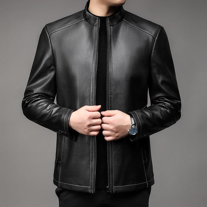 

Весенняя и осенняя тонкая куртка из натуральной кожи, мужская тонкая короткая кожаная куртка с воротником-стойкой, мужская куртка из натуральной кожи для людей среднего возраста 4XL