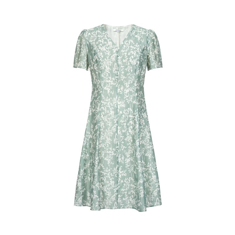 Jiuzi Anna Kou Romantic and Elegant Floral Micro Wrinkle Texture V-neck Waist Dress for Women 2024 Summer New Style