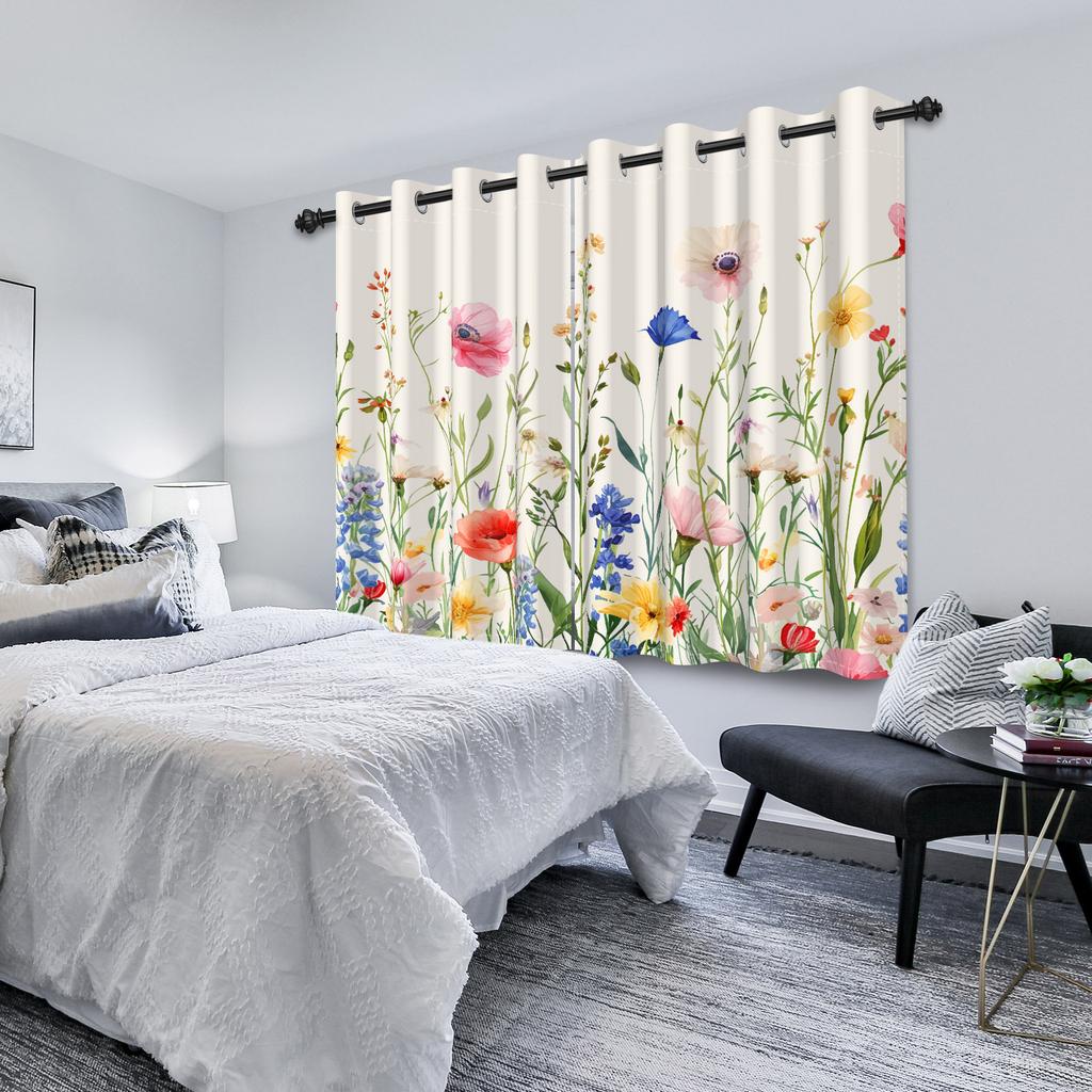 Wildflowers Floral Green Plants Window Curtains Blackout Washable Polyester Fabric Bedroom Living Room Home Decor Curtain 2 Pcs