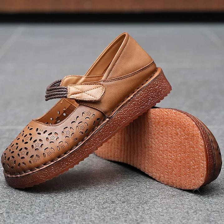Johnature Damesko Flate Sko Retro Rund Tå Ekte Skinn Utstanset Pustende Myksålede Sandaler