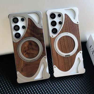 Samsung S25 Ultra Metal Stand Walnut Wood Rotating Phone Case