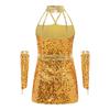 Kids Girls Jazz Dance Halter Dress Sleeveless Strappy Back Invisible Zipper Sparkling Sequins with 1 Pair Gloves for Stage Performance