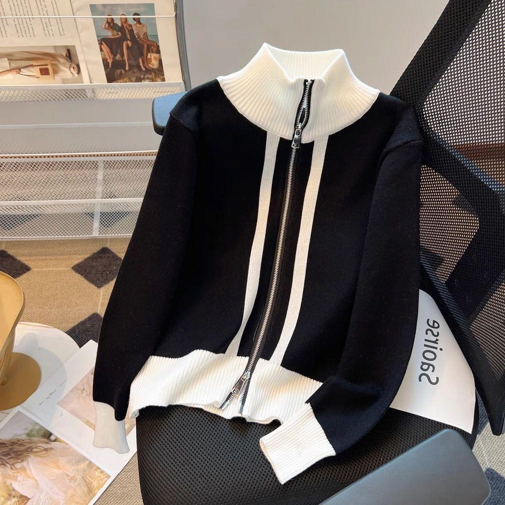 

Женский вязаный кардиган с застежкой-молнией и высоким воротом, вязаный свитер осень-зима, контрастный вязаный кардиган, куртка one size чёрный