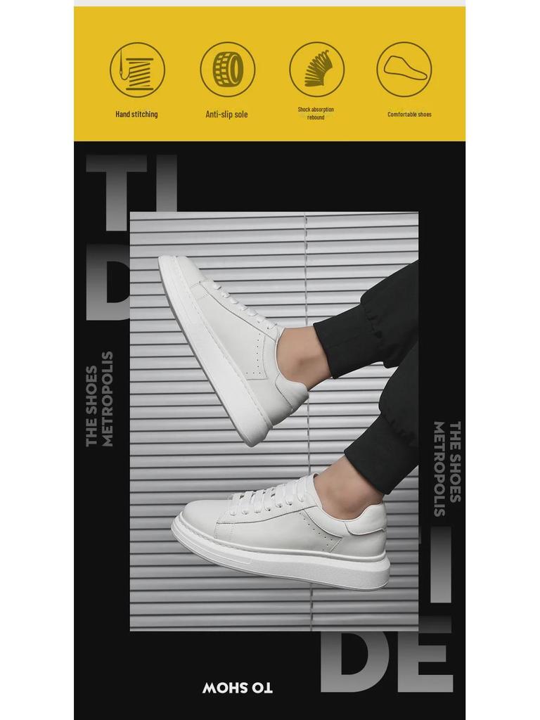 Lei Jun Style Men's White Leather Height-Enhancing Sneakers - Versatile Thick-Soled Business Shoes