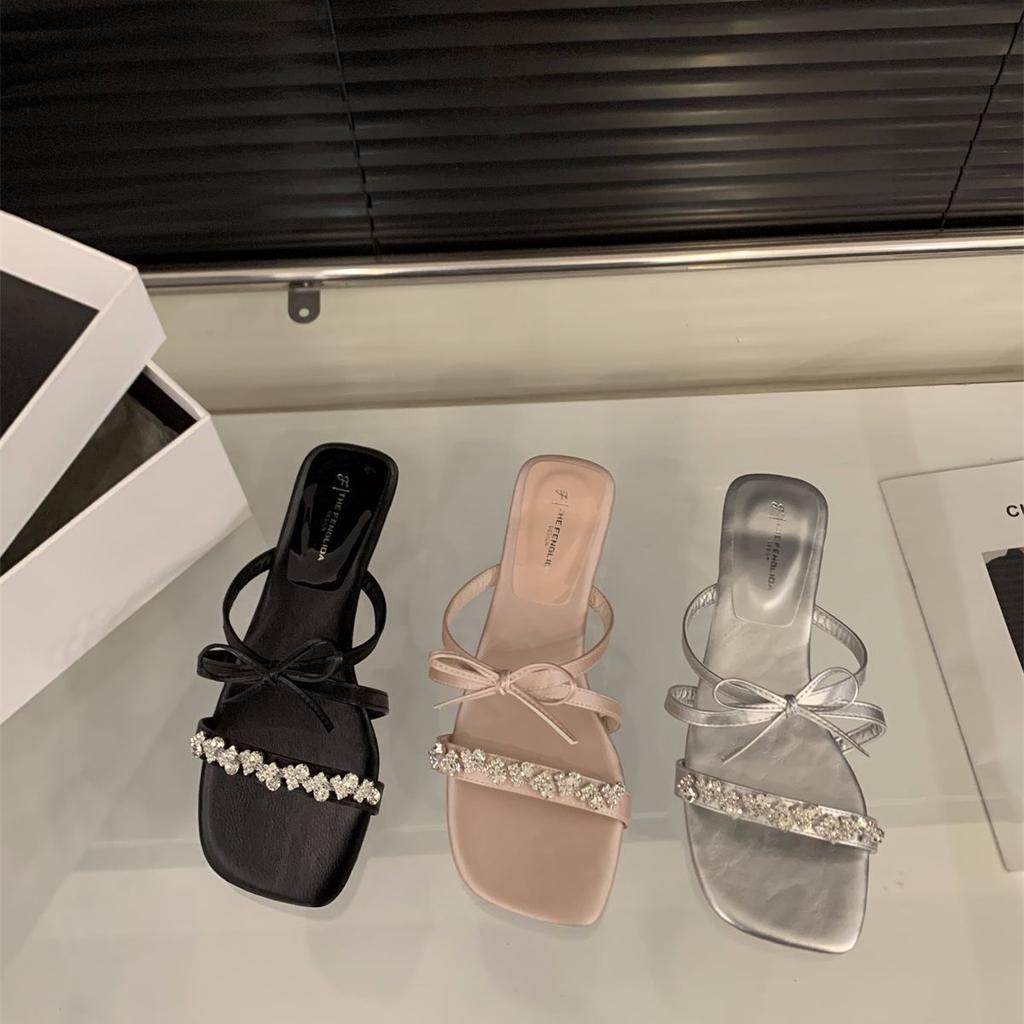 French Thick Heel Rhinestone Slippers Fairy Shoes Wear 2025 Summer Pink with Skirt Bow Sandals