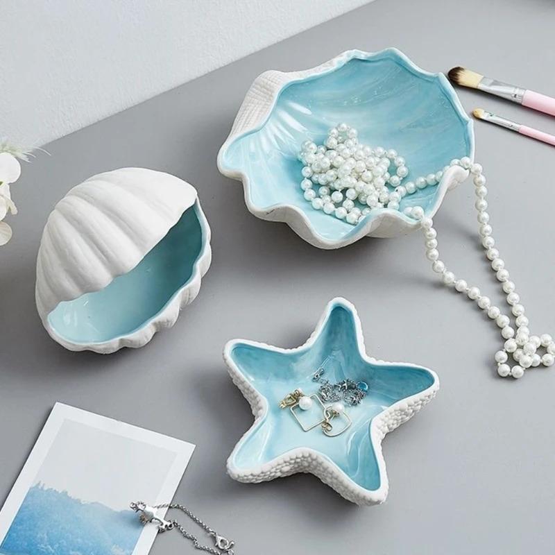 Unique Seaside Ceramic Jewelry Dish - Starfish/Shell Shaped Tray, Elegant Decor for Beach Houses & Trinkets Storage