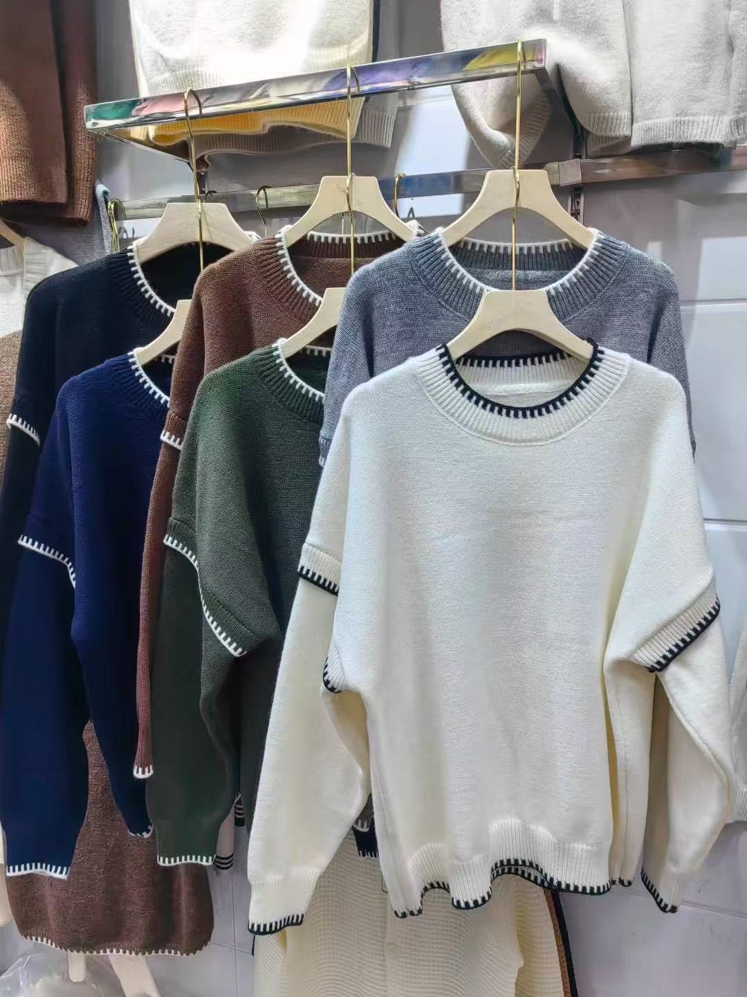 

Женский вязаный пуловер с круглым вырезом, новый осенне-зимний, контрастных цветов, простой и универсальный, свободный вязаный свитер для женщин average size темно-синий