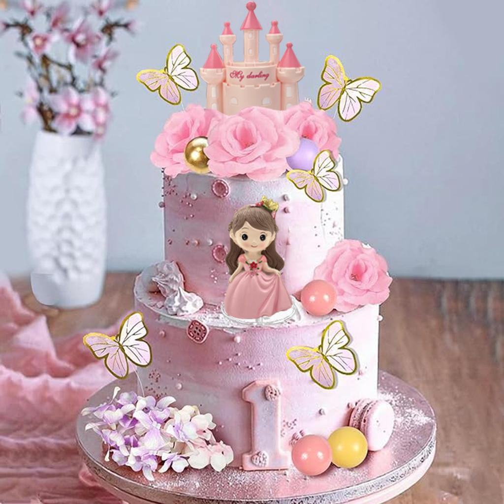 40 PCS Princess Cake Topper Castle Cake Decoration with Butterflies Artificial Flowers and Balls for Girls Kids Happy Birthday P