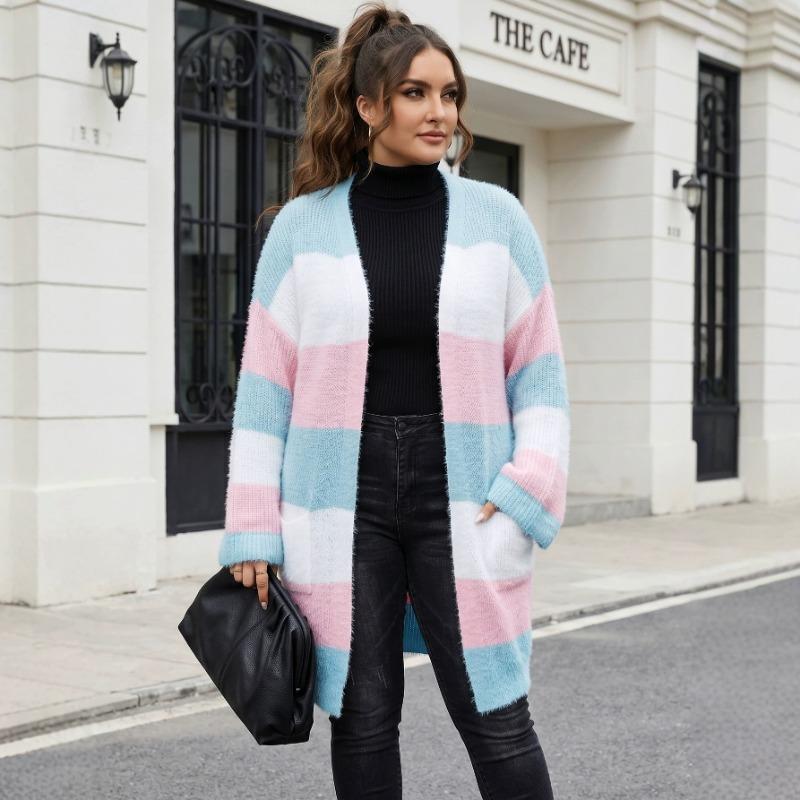 Women Plus Size Striped Color Block Open Front Knit Cardigan Sweater Coat