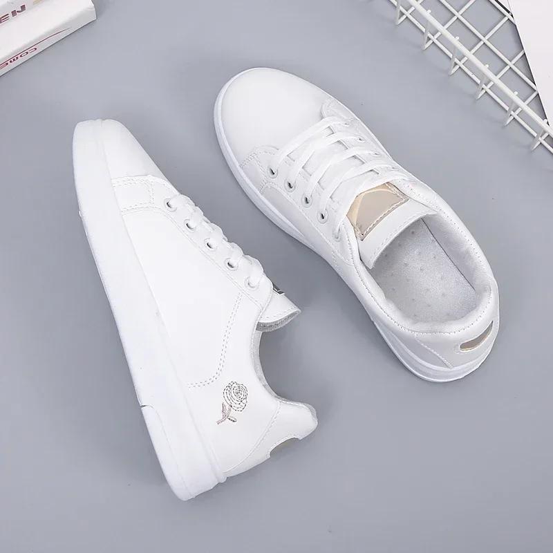 Women Leather  Casual Shoes New 2024 Woman Shoes Fashion Embroidered White Sneakers Breathable Flower Lace-Up Women Sneakers